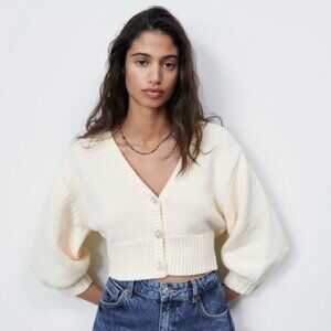 ZARA JEWEL BUTTON KNIT CROP TOP CARDIGAN